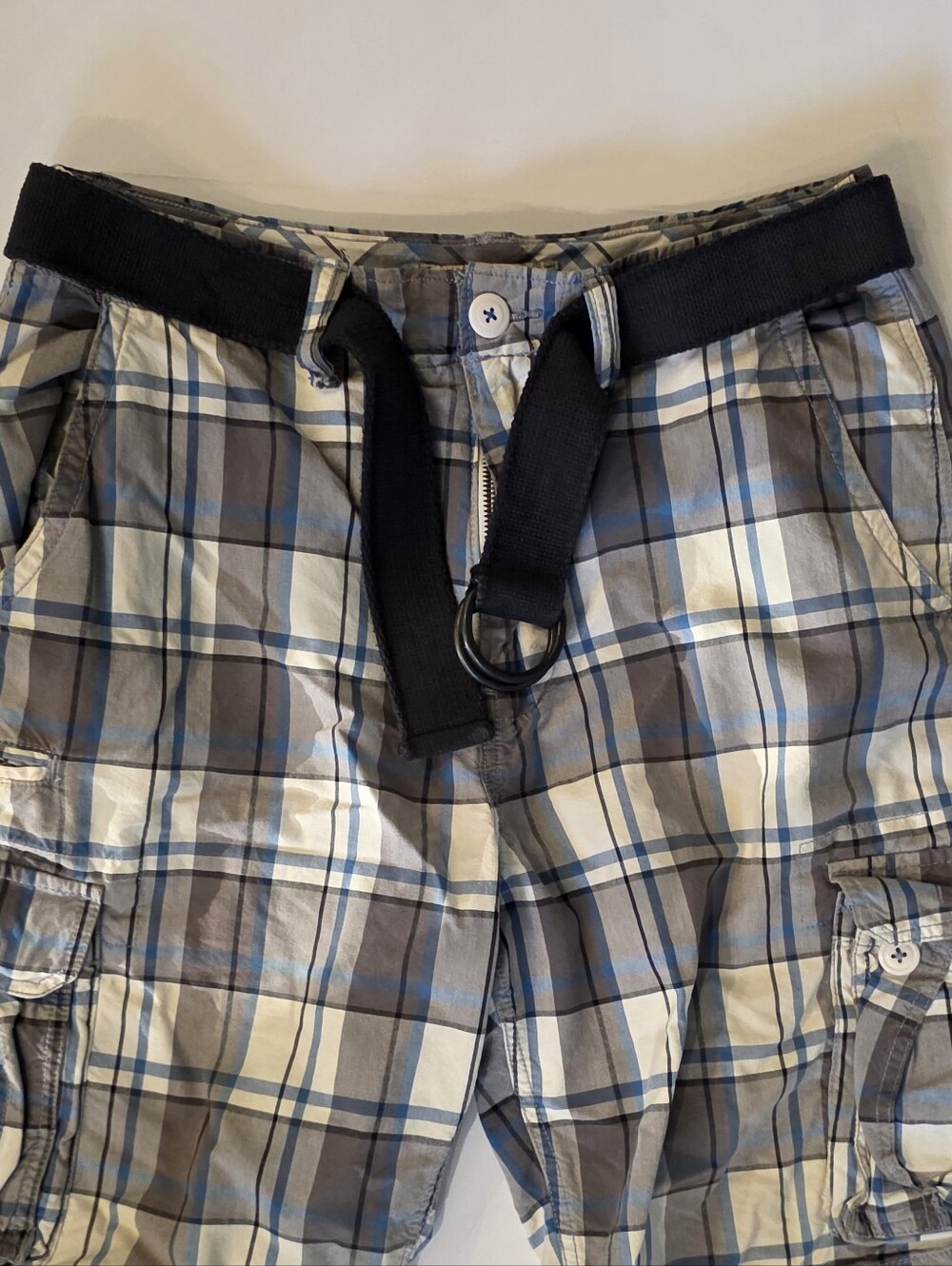American Rag Plaid Cargo Shorts with Black Web Belt - Gray & Blue